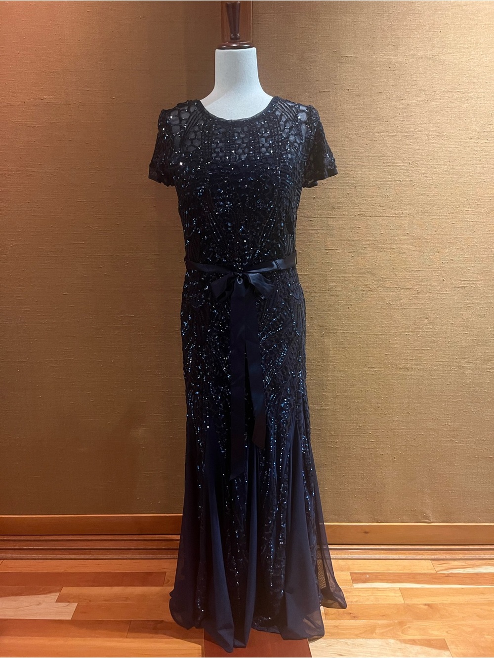 Elegant Midnight Blue Beaded Evening Gown with Ribbon Waist